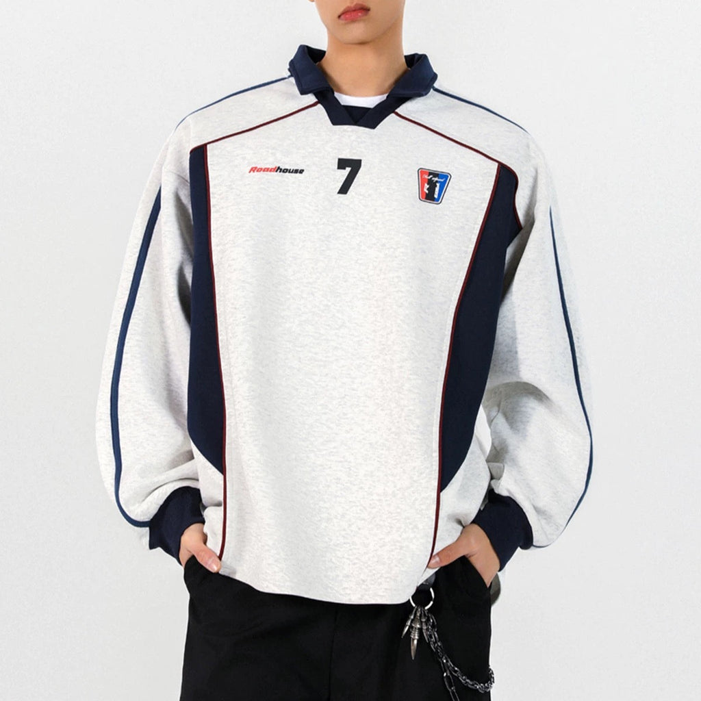 S0238 American retro splicing loose polo long sleeves