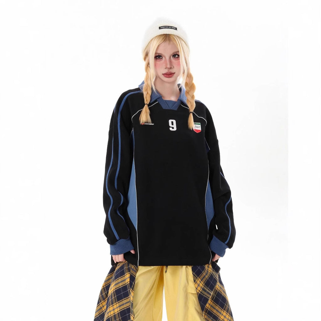 S0238 American retro splicing loose polo long sleeves