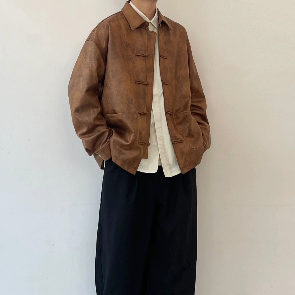 S0242 New Chinese style retro leather jacket long sleeve coat