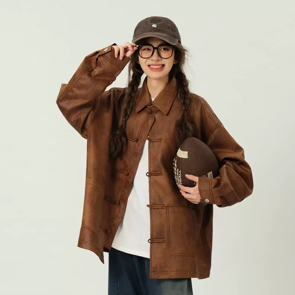 S0242 New Chinese style retro leather jacket long sleeve coat