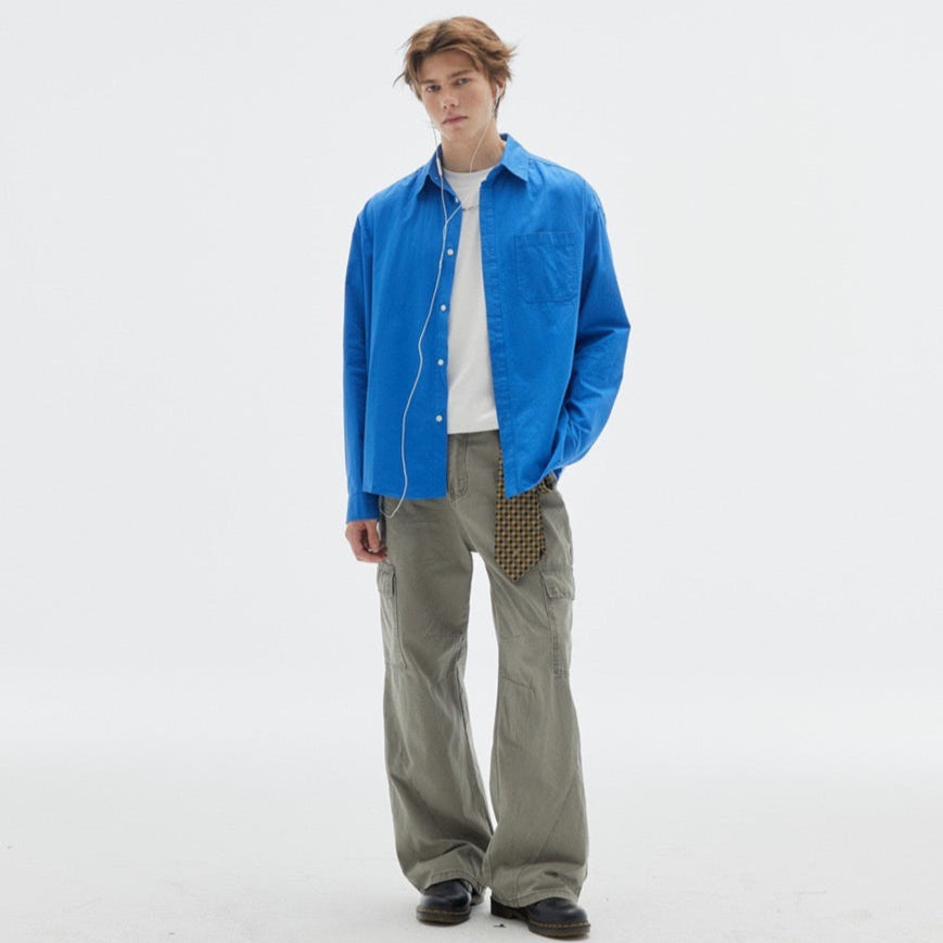 S0244 Japanese cityboy retro solid color loose long-sleeved shirt