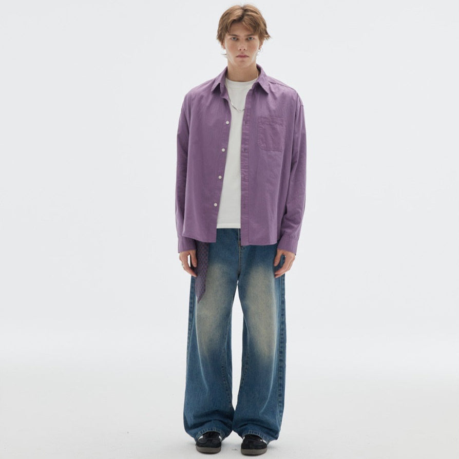 S0244 Japanese cityboy retro solid color loose long-sleeved shirt