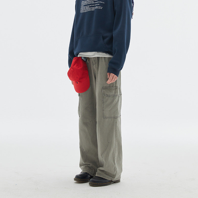 P0122 American retro cleanfit heavy-duty washed multi-pocket cargo trousers