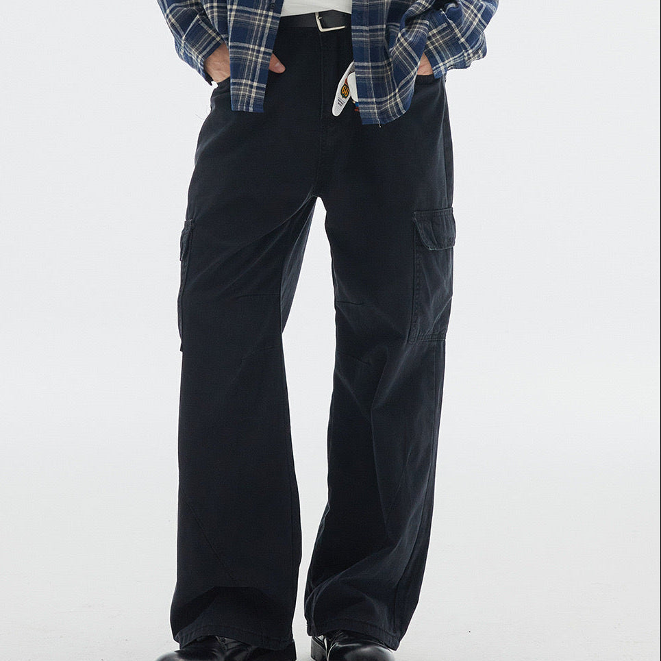 P0122 American retro cleanfit heavy-duty washed multi-pocket cargo trousers