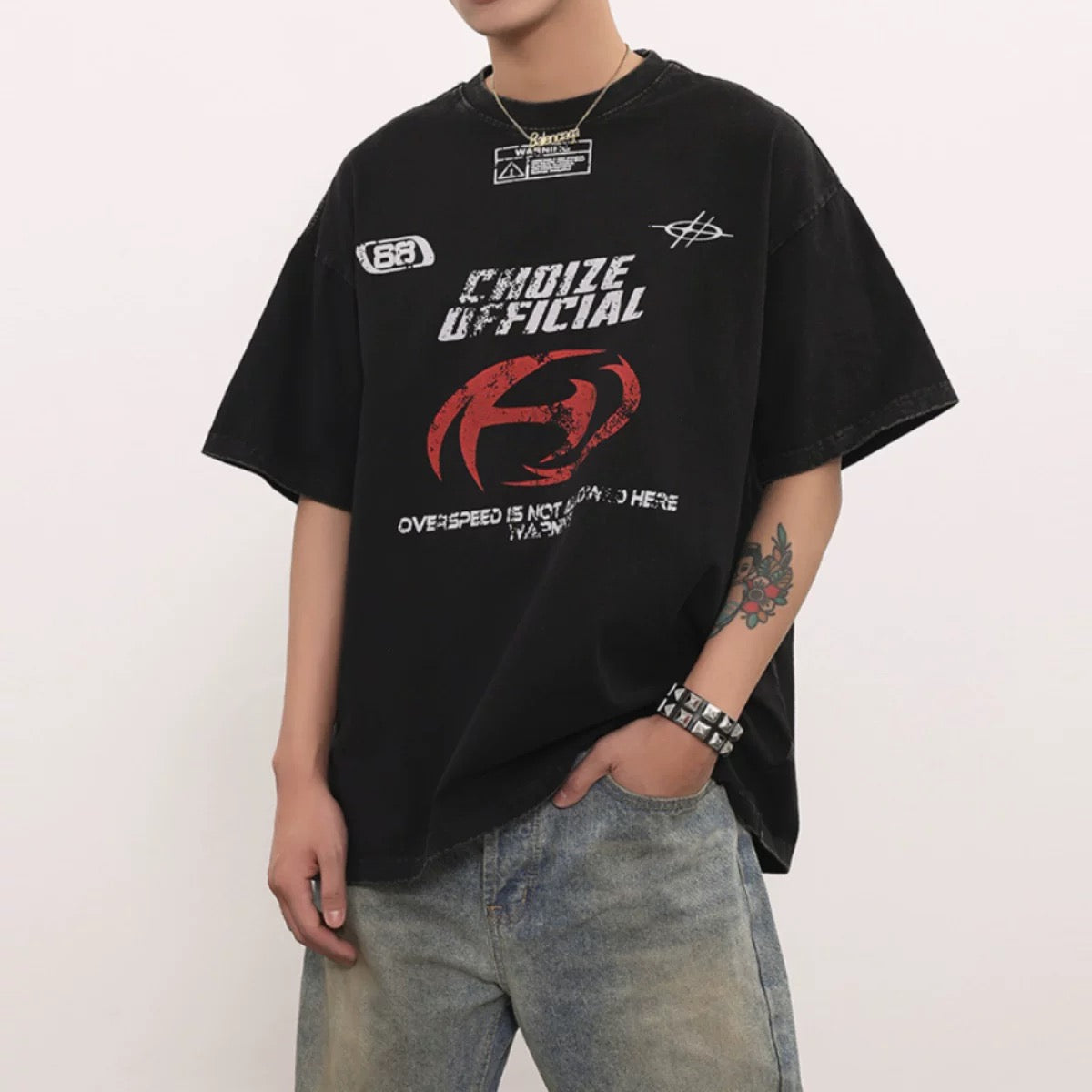 S0247 American retro washed distressed short-sleeved T-shirt
