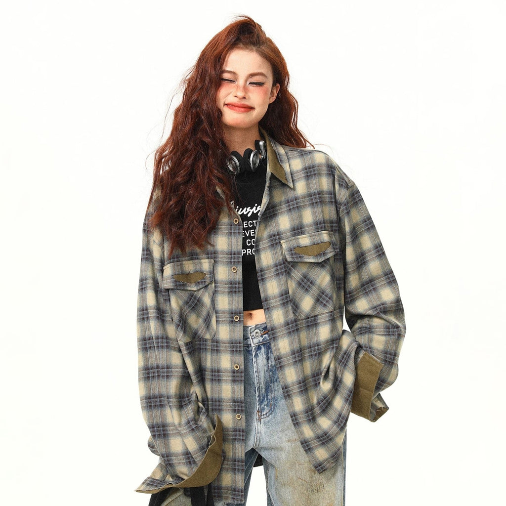 S0248 American trendy casual retro patchwork plaid long-sleeved shirt