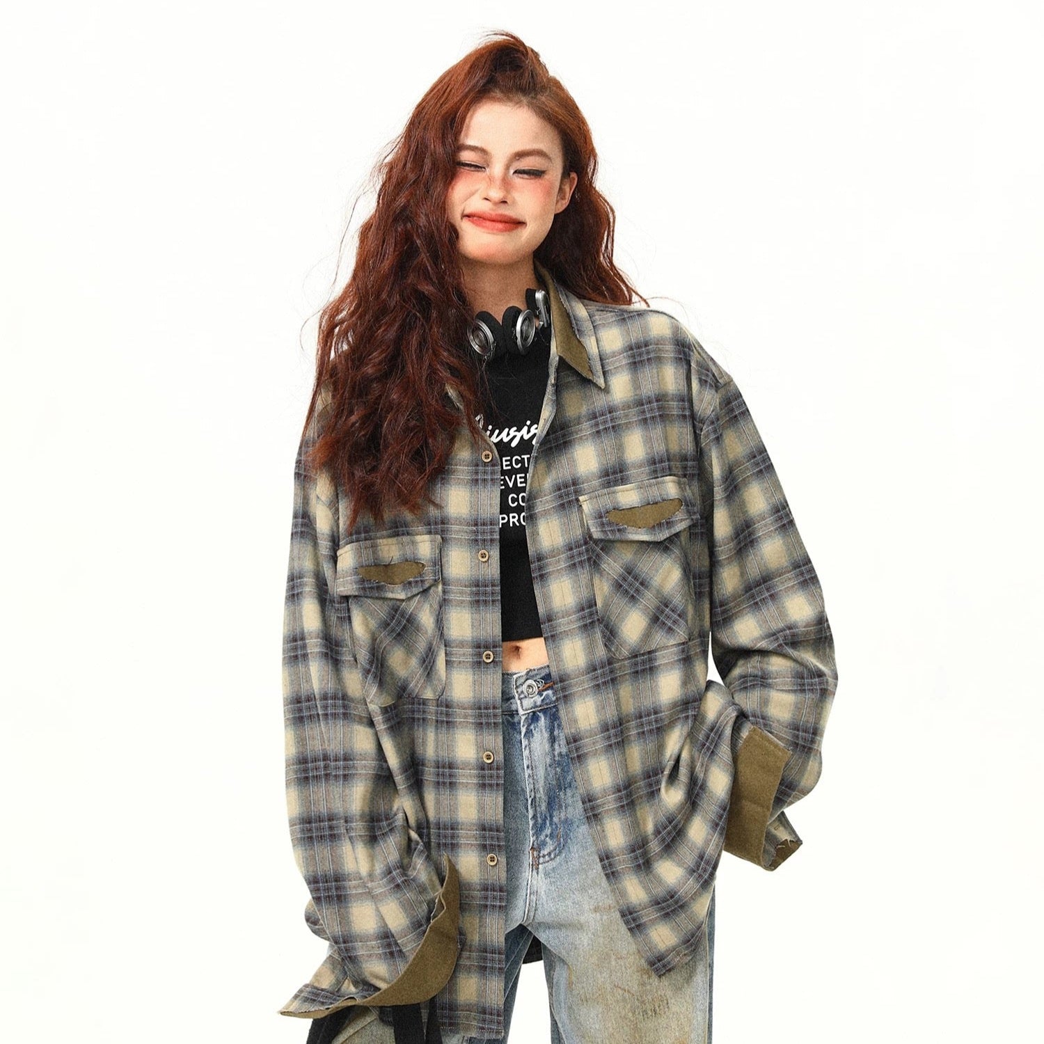 S0248 American trendy casual retro patchwork plaid long-sleeved shirt