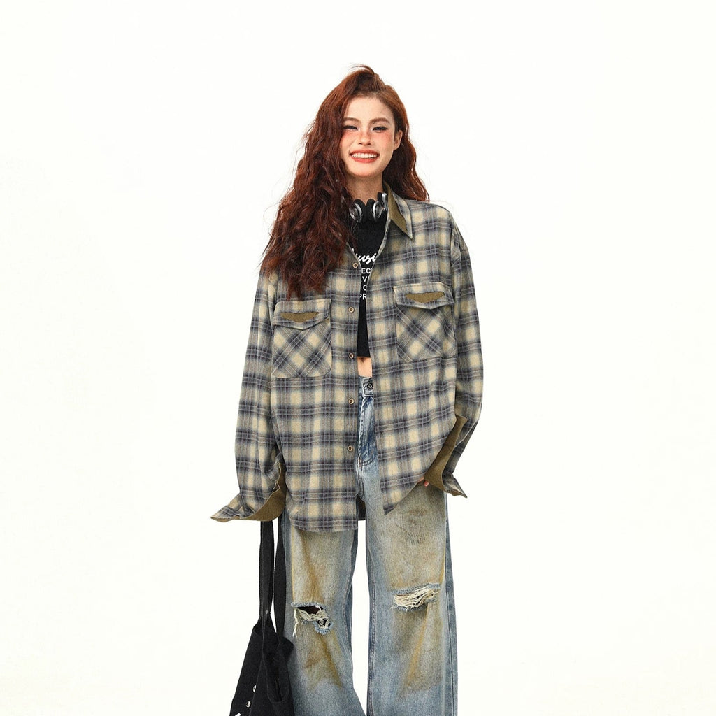 S0248 American trendy casual retro patchwork plaid long-sleeved shirt