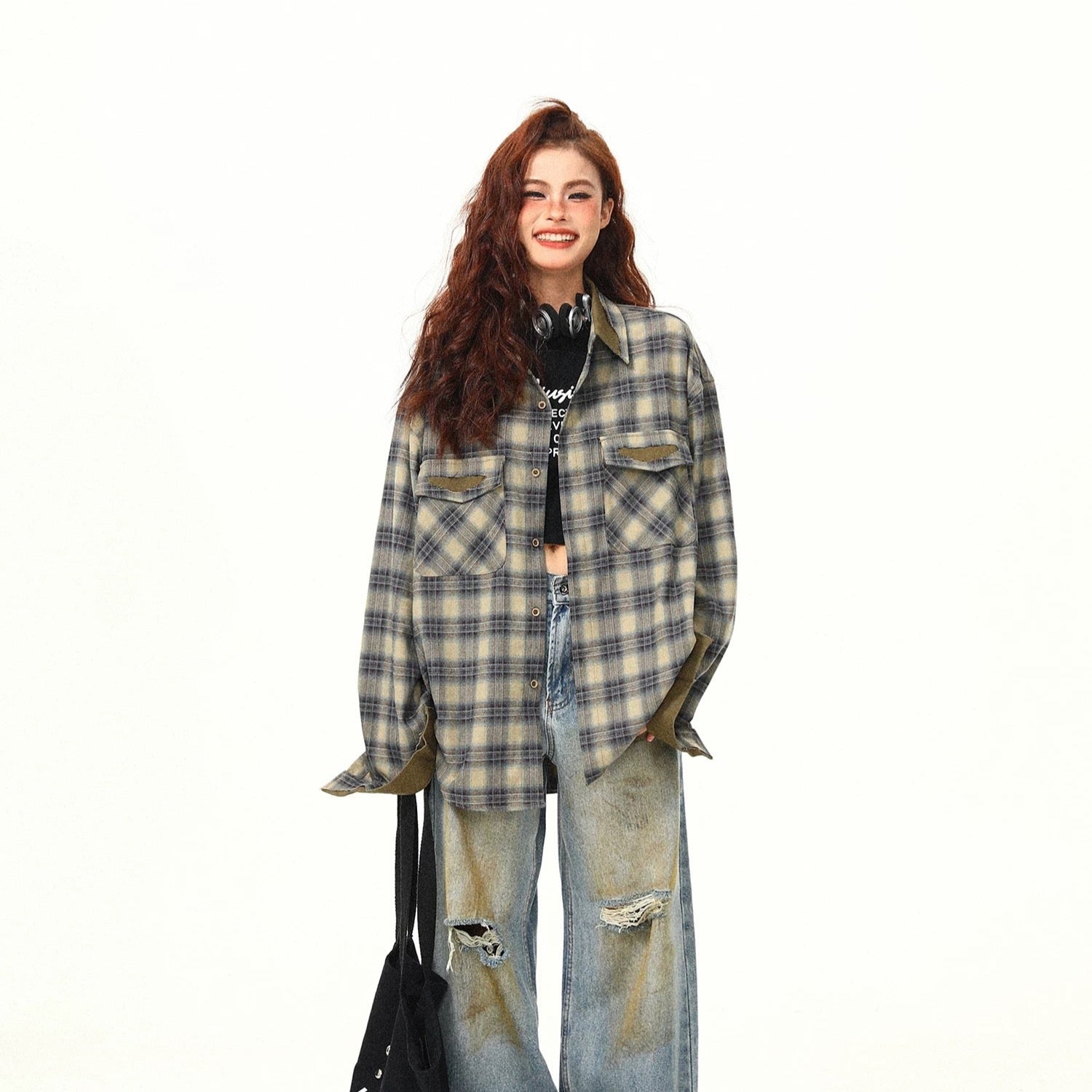 S0248 American trendy casual retro patchwork plaid long-sleeved shirt