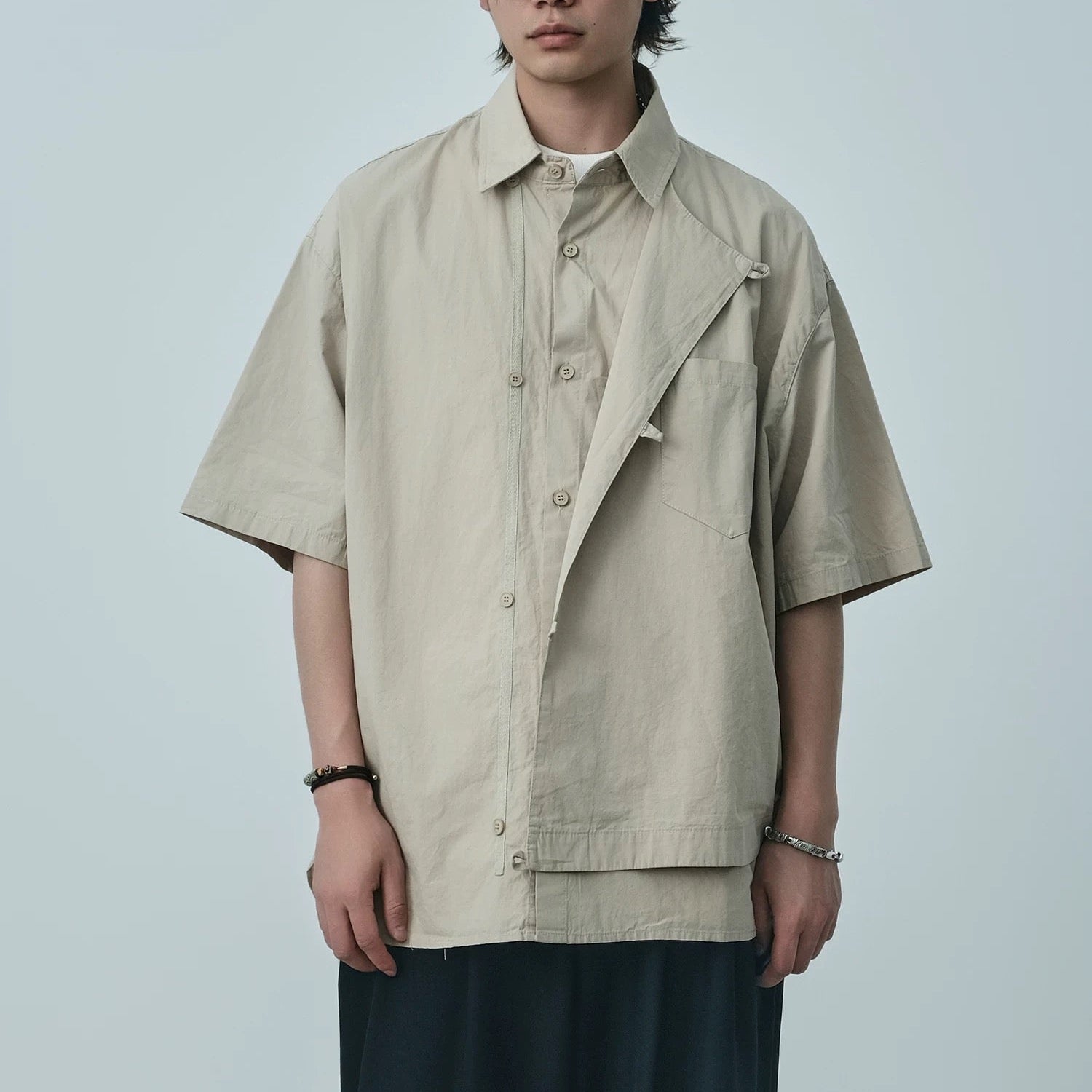 S0252 Japanese City Boy Retro Ethnic Style Plate Button Fake Two-Piece Cargo Short-sleeved Shirt