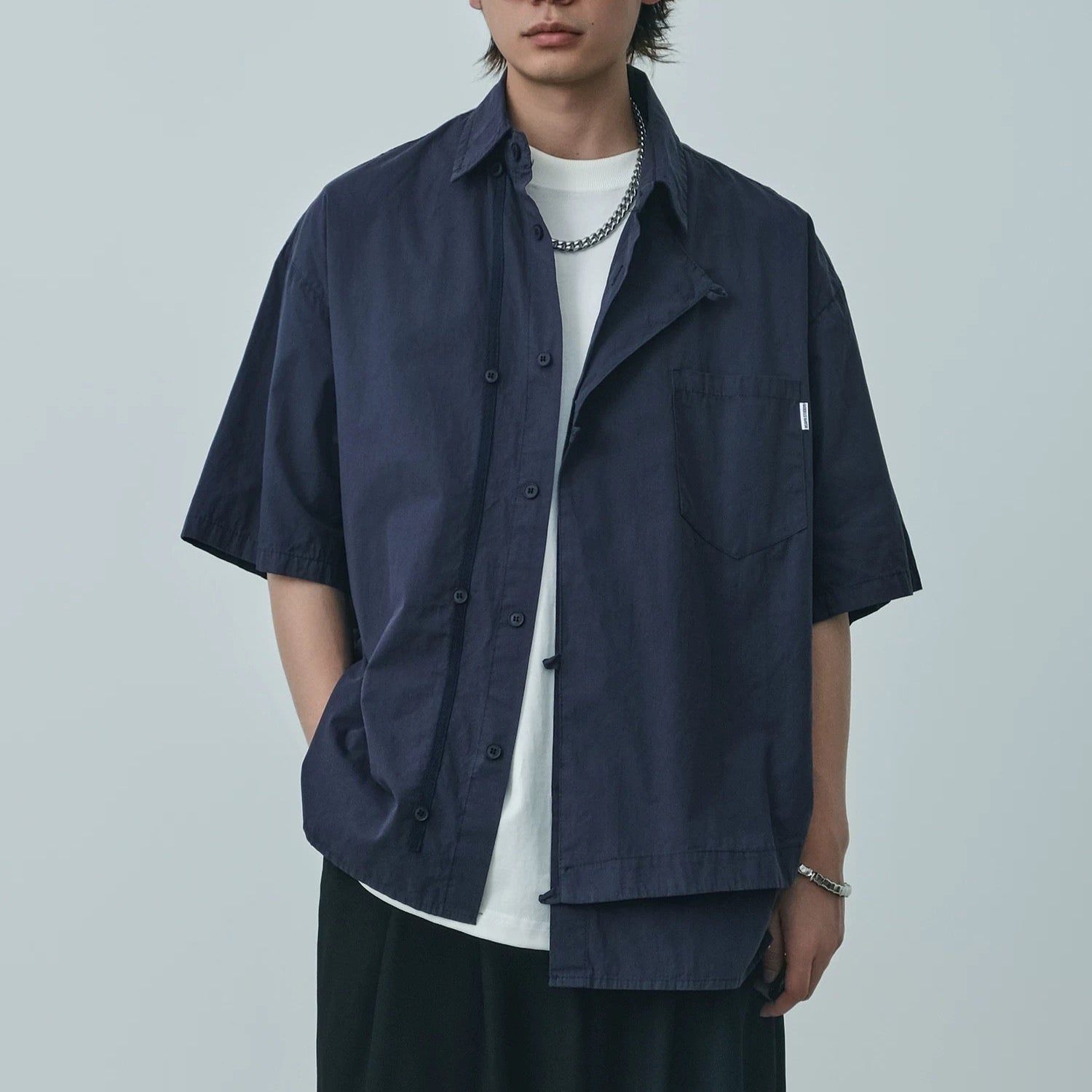 S0252 Japanese City Boy Retro Ethnic Style Plate Button Fake Two-Piece Cargo Short-sleeved Shirt