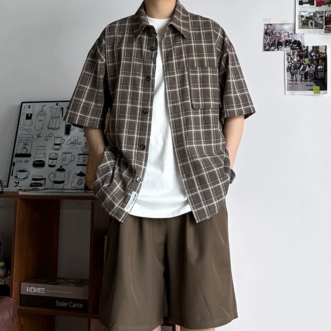 S0256 Japanese City Boy Retro Plaid Short-sleeved Shirt