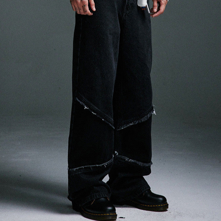 P0128 American retro black and spliced straight trousers logging pants