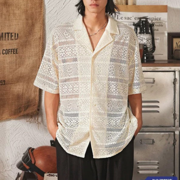 S0260 America old money style loose hollow breathable short-sleeved shirt