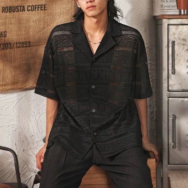 S0260 America old money style loose hollow breathable short-sleeved shirt