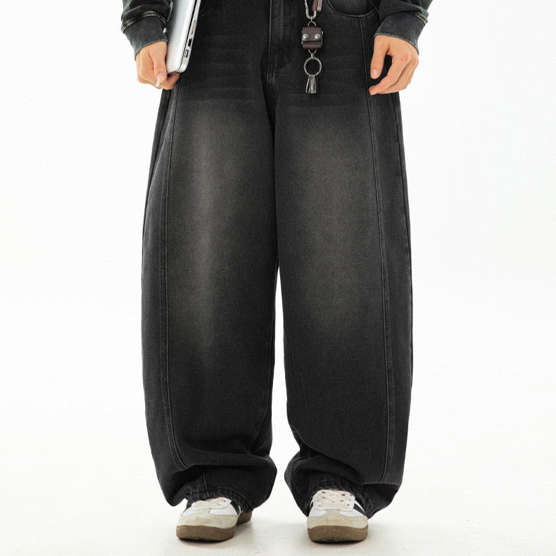 P0130 American retro washed split structure design scimitar loose denim trousers