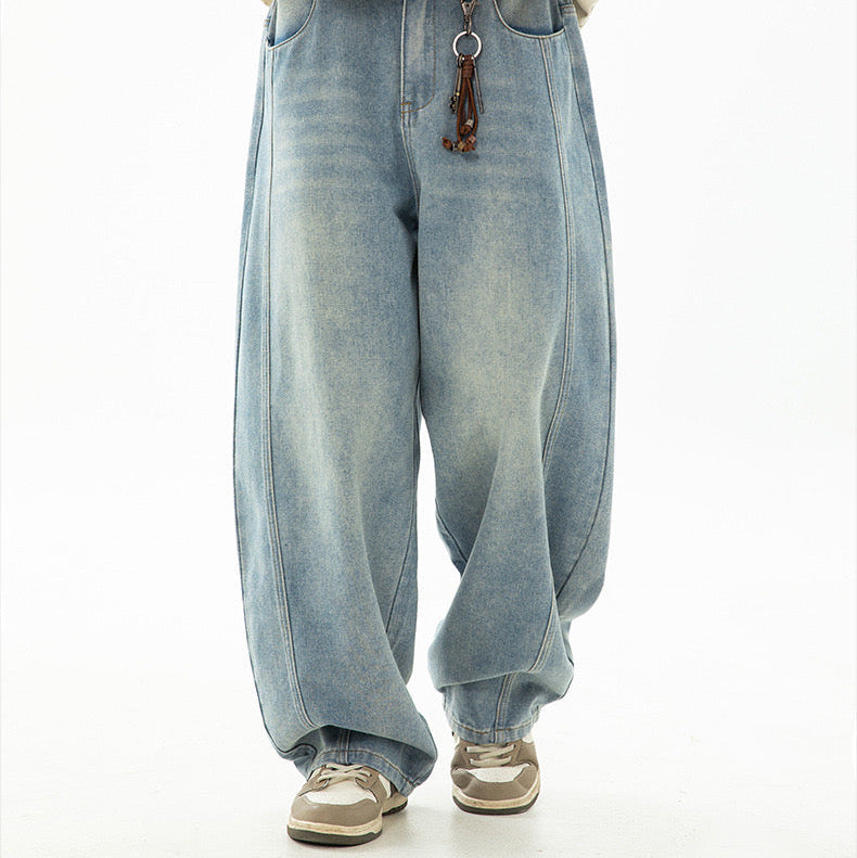 P0130 American retro washed split structure design scimitar loose denim trousers