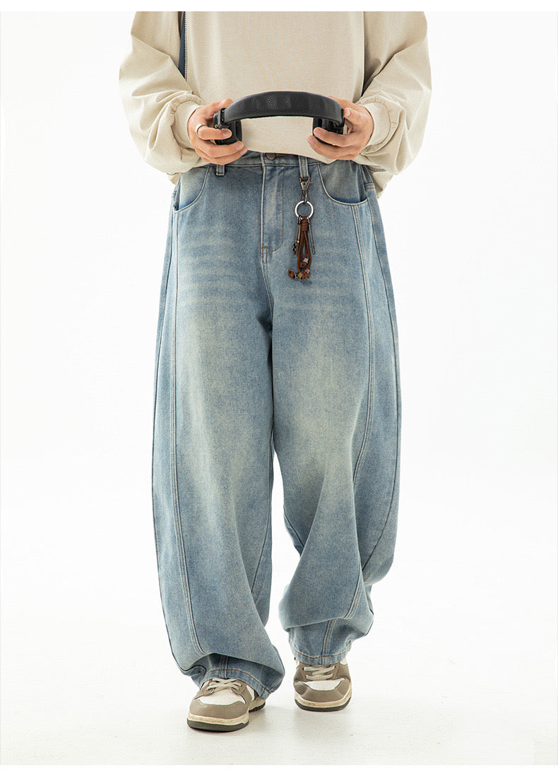 P0130 American retro washed split structure design scimitar loose denim trousers