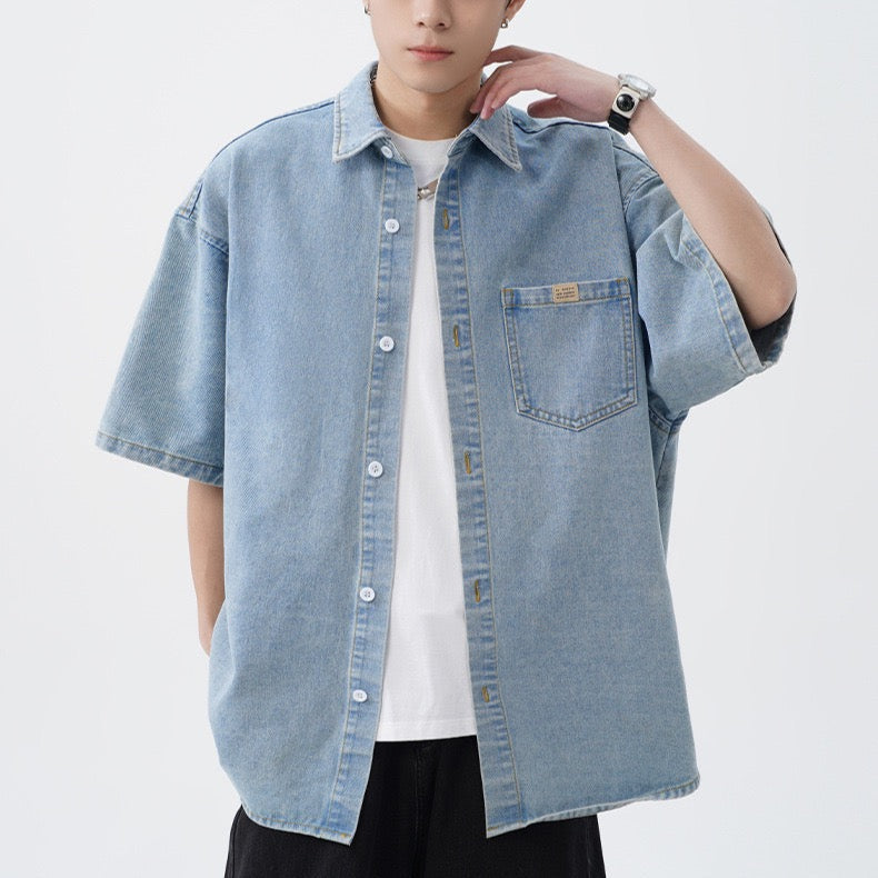 S0262 American aged washed denim short-sleeved shirt