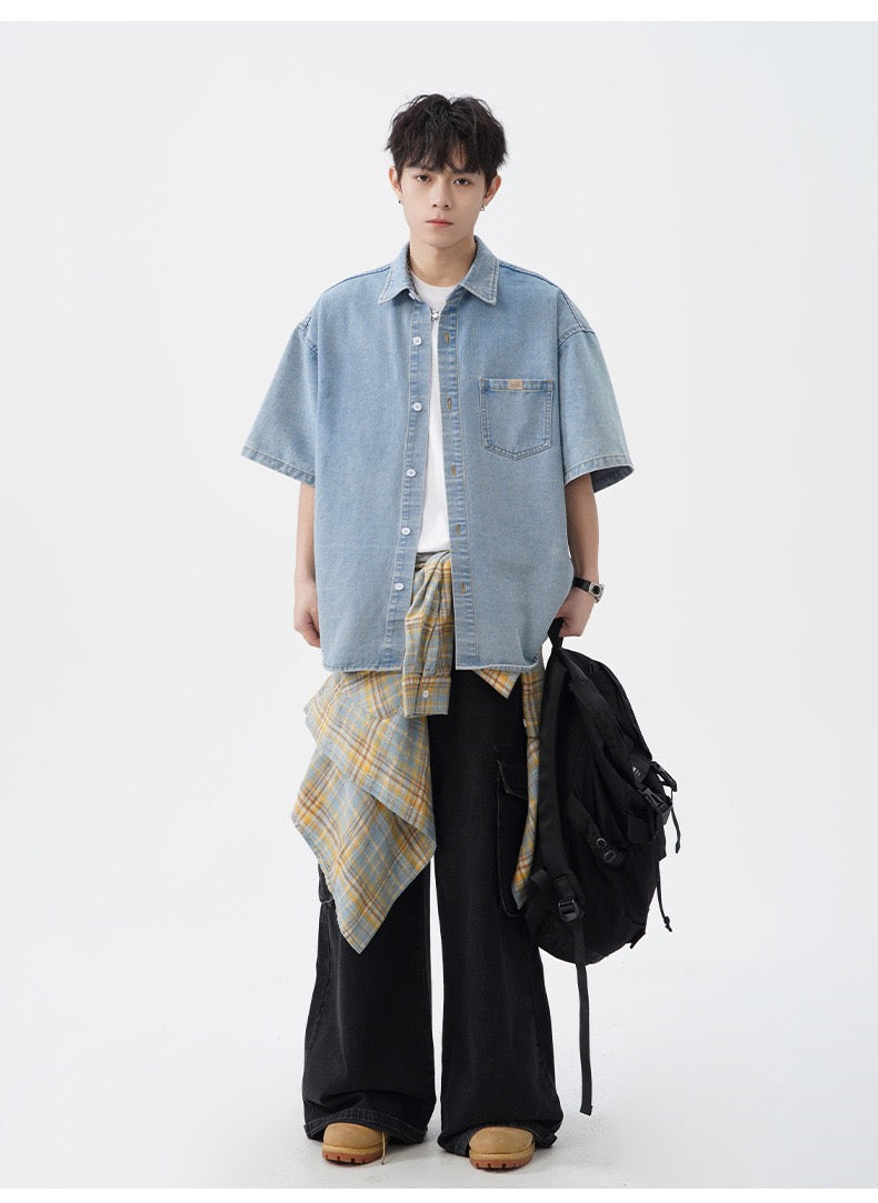 S0262 American aged washed denim short-sleeved shirt