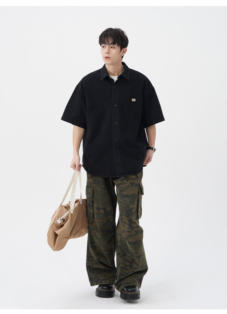 S0262 American aged washed denim short-sleeved shirt