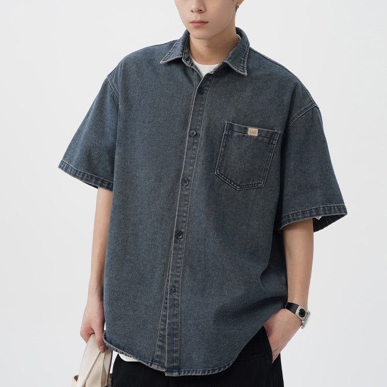 S0262 American aged washed denim short-sleeved shirt