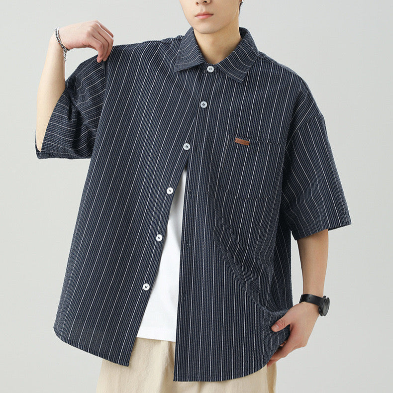 S0264 Hong Kong style textured slightly wrinkled contrasting striped short-sleeved shirt
