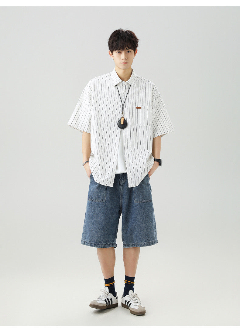 S0264 Hong Kong style textured slightly wrinkled contrasting striped short-sleeved shirt