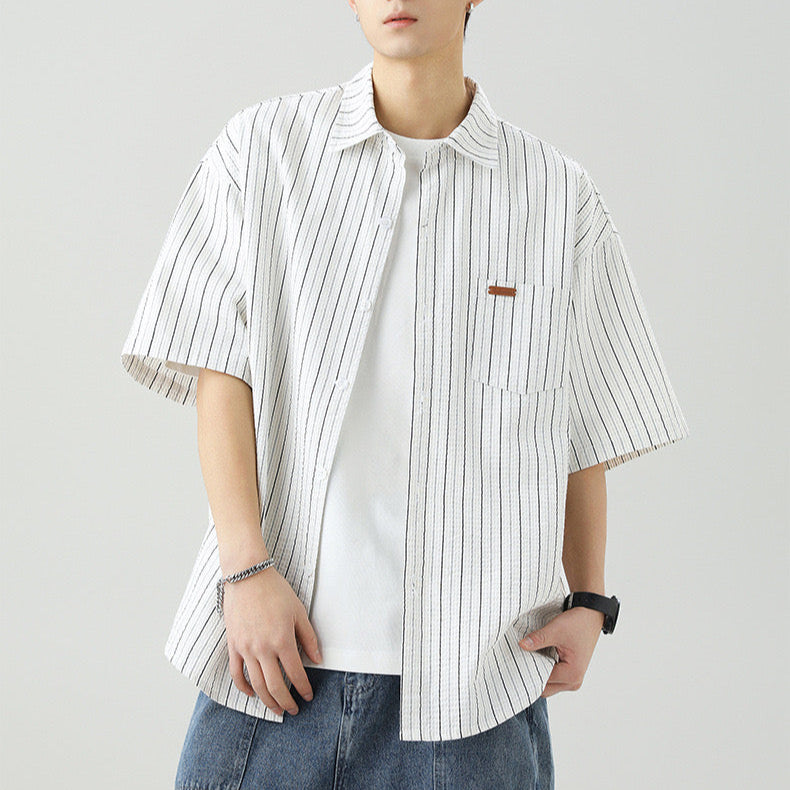 S0264 Hong Kong style textured slightly wrinkled contrasting striped short-sleeved shirt