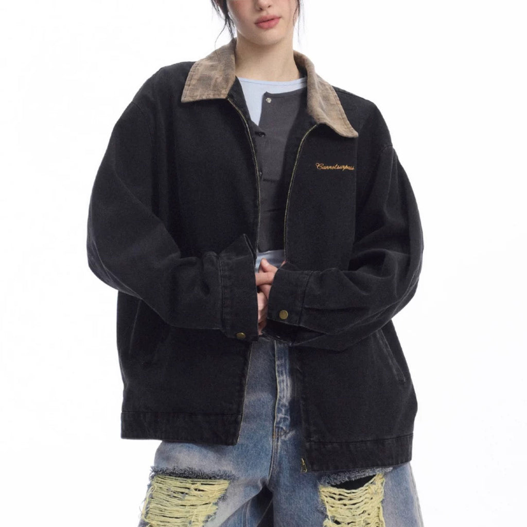 S0266 American retro heavy washed black Detroit jacket