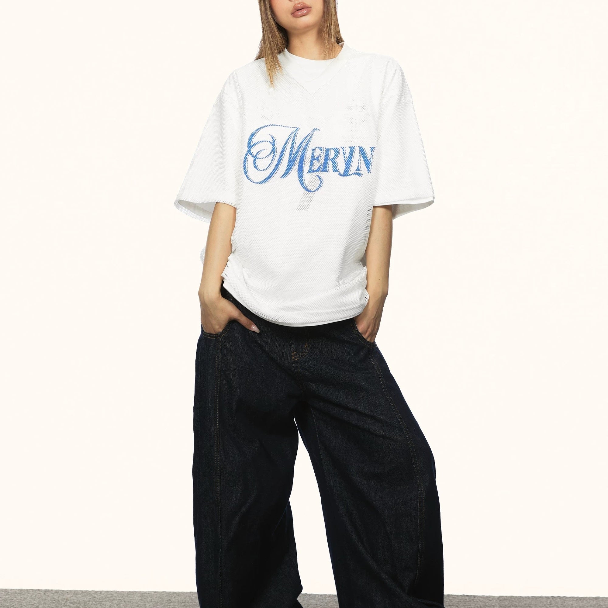 S0267 American retro mesh print jersey V-neck short-sleeved T-shirt