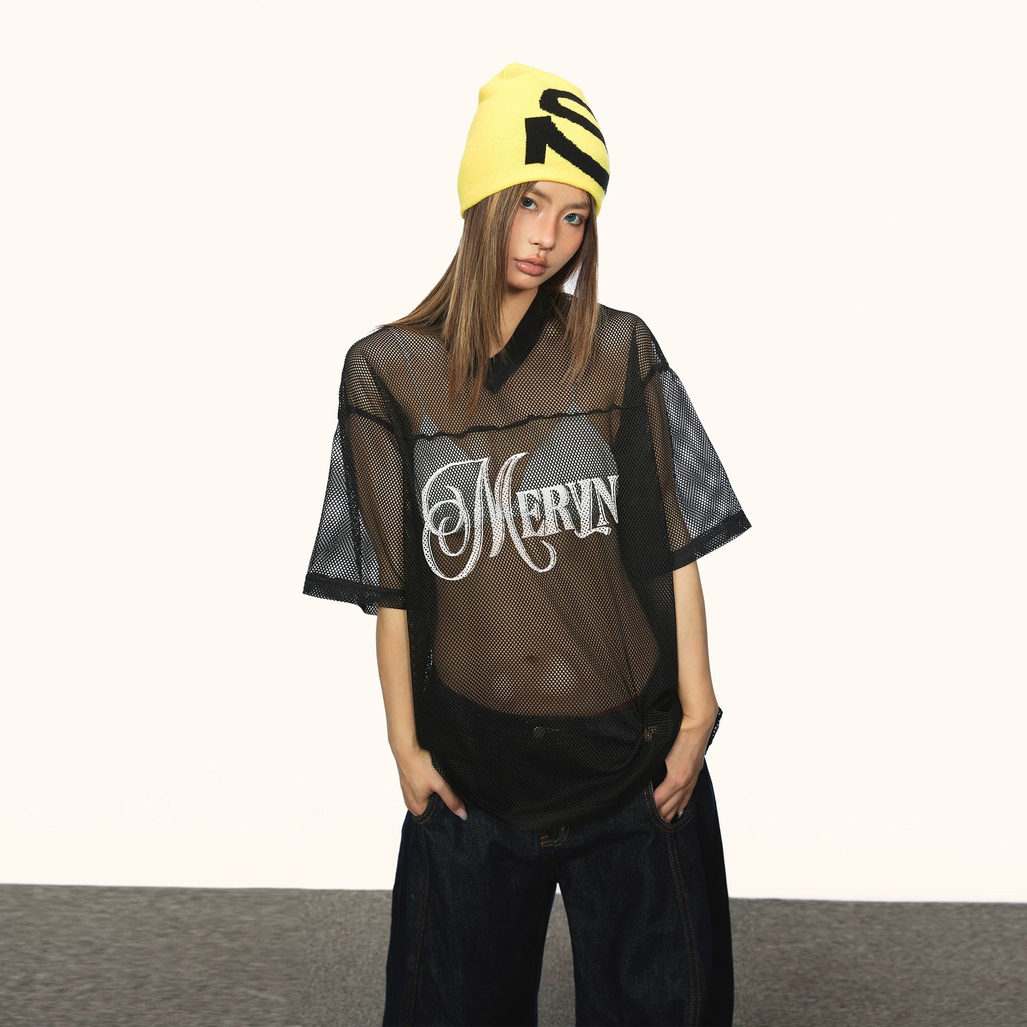 S0267 American retro mesh print jersey V-neck short-sleeved T-shirt