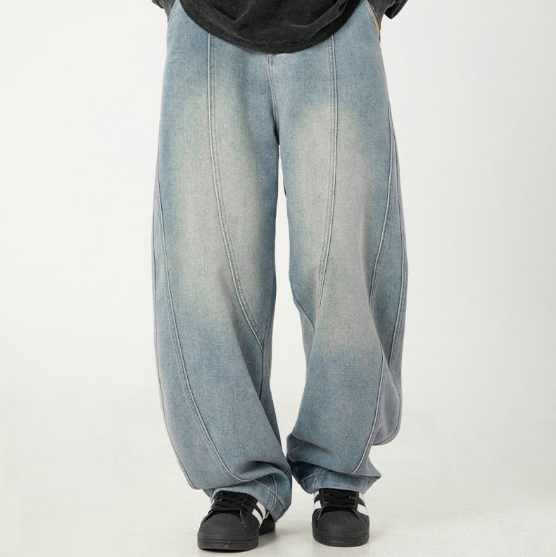 P0133 American retro washed split structure design scimitar loose denim trousers