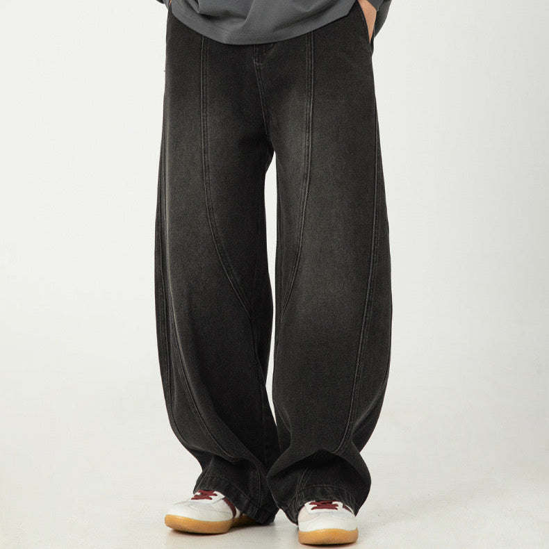 P0133 American retro washed split structure design scimitar loose denim trousers