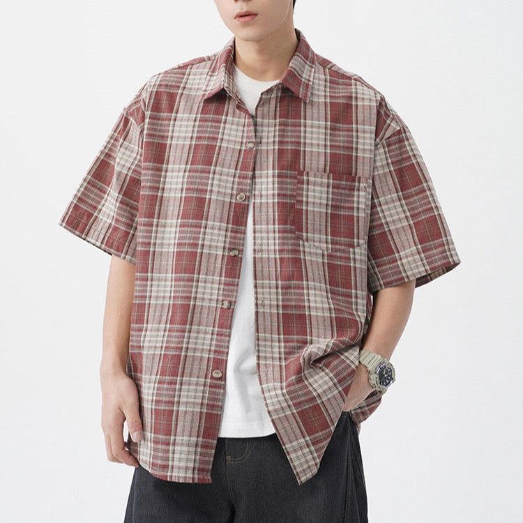 S0268 HK Style retro contrast plaid short-sleeved shirt
