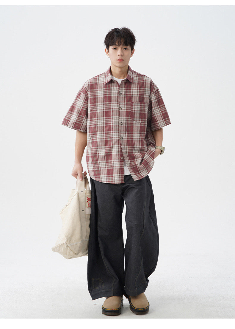 S0268 HK Style retro contrast plaid short-sleeved shirt