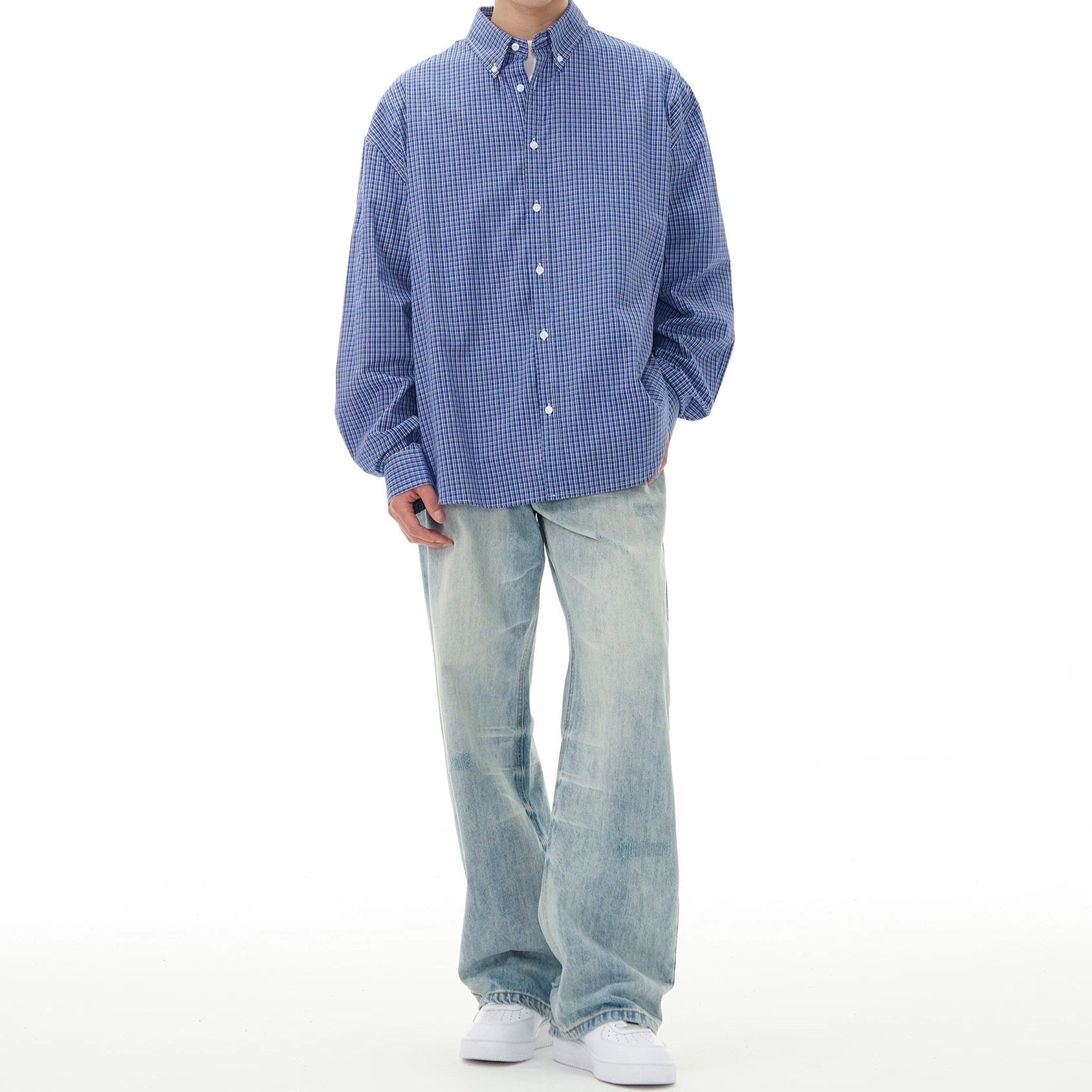 S0272 Japanese cityboy silhouette retro literary youth plaid long-sleeved shirt