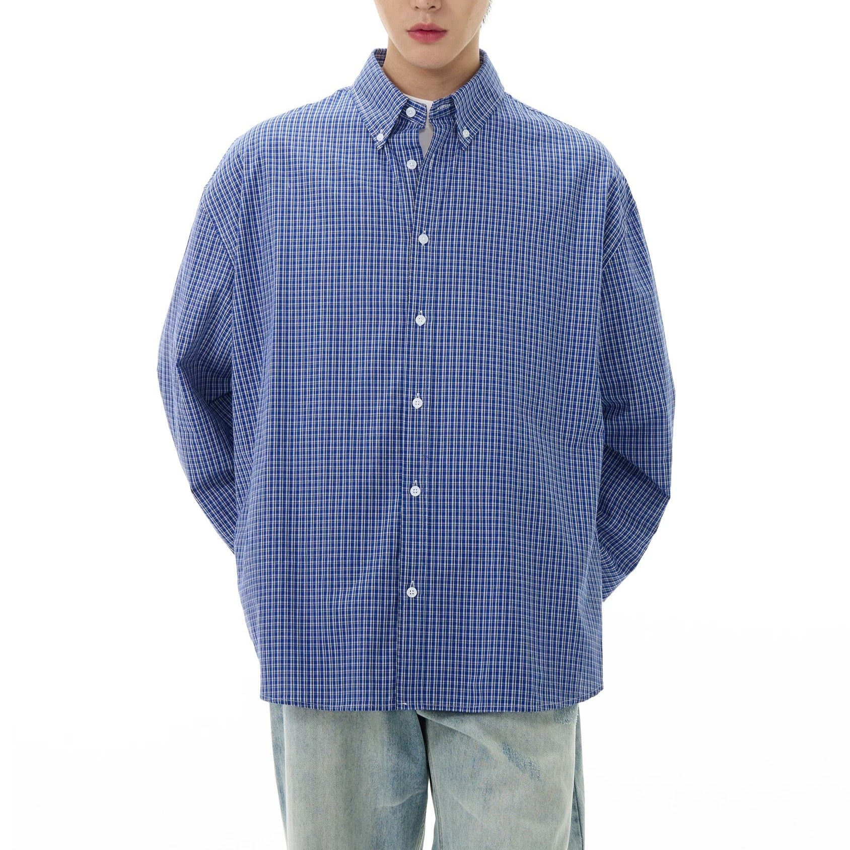 S0272 Japanese cityboy silhouette retro literary youth plaid long-sleeved shirt