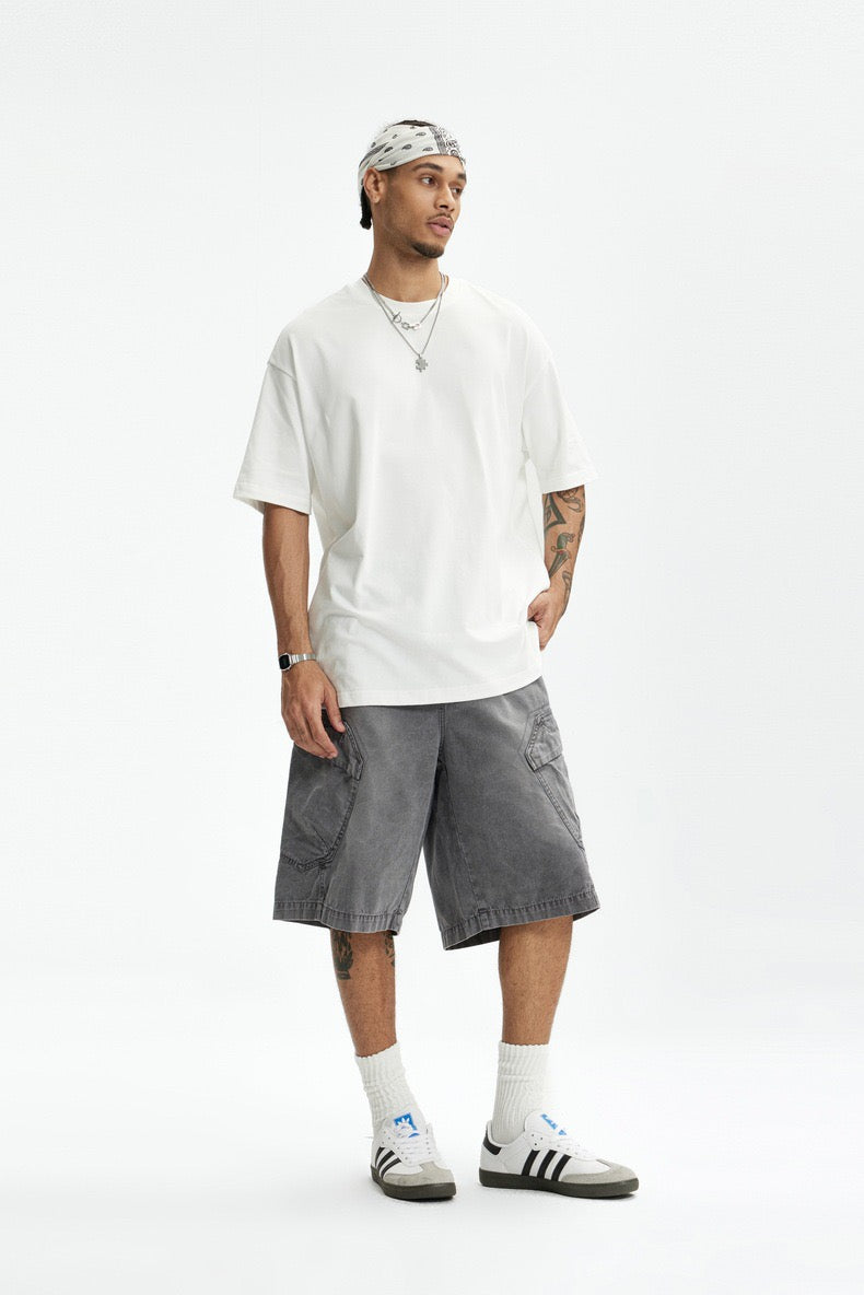 P0136 American style heavy washed overalls trendy multi-pocket loose casual shorts