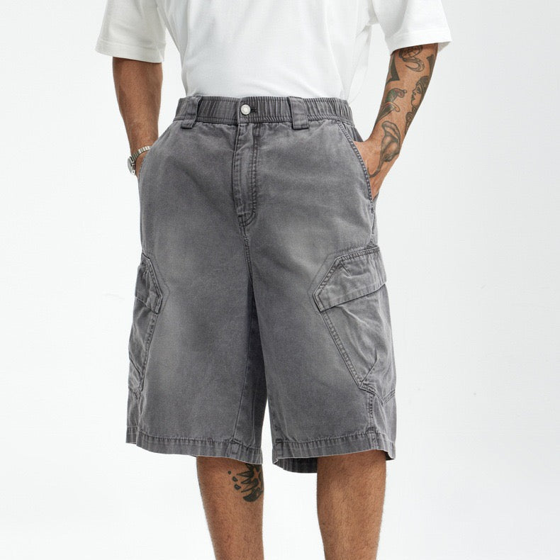 P0136 American style heavy washed overalls trendy multi-pocket loose casual shorts