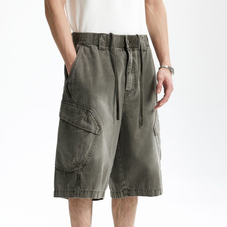 P0136 American style heavy washed overalls trendy multi-pocket loose casual shorts