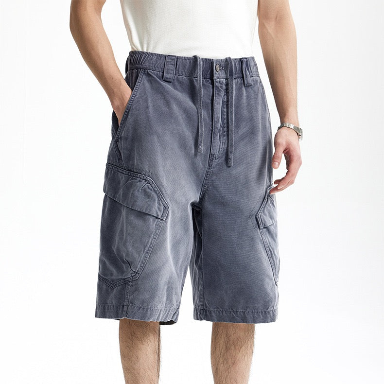 P0136 American style heavy washed overalls trendy multi-pocket loose casual shorts