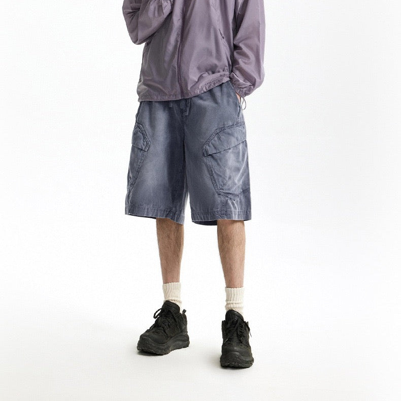 P0136 American style heavy washed overalls trendy multi-pocket loose casual shorts