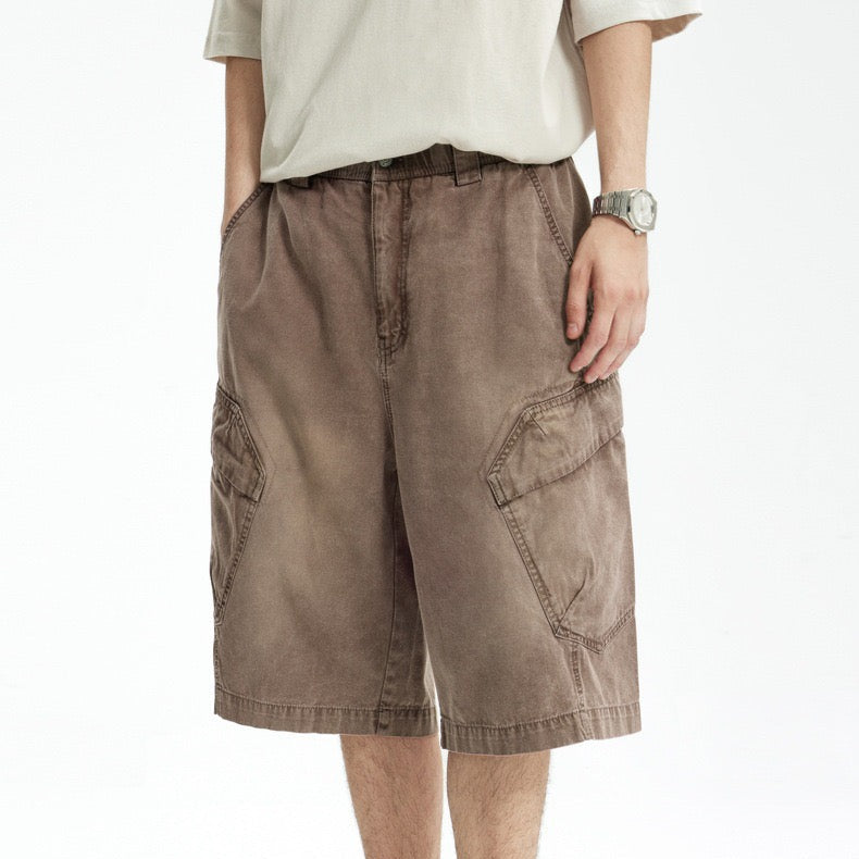 P0136 American style heavy washed overalls trendy multi-pocket loose casual shorts