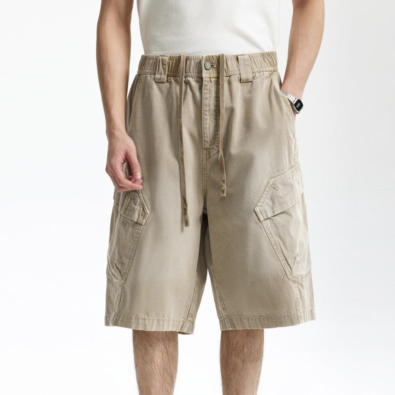 P0136 American style heavy washed overalls trendy multi-pocket loose casual shorts