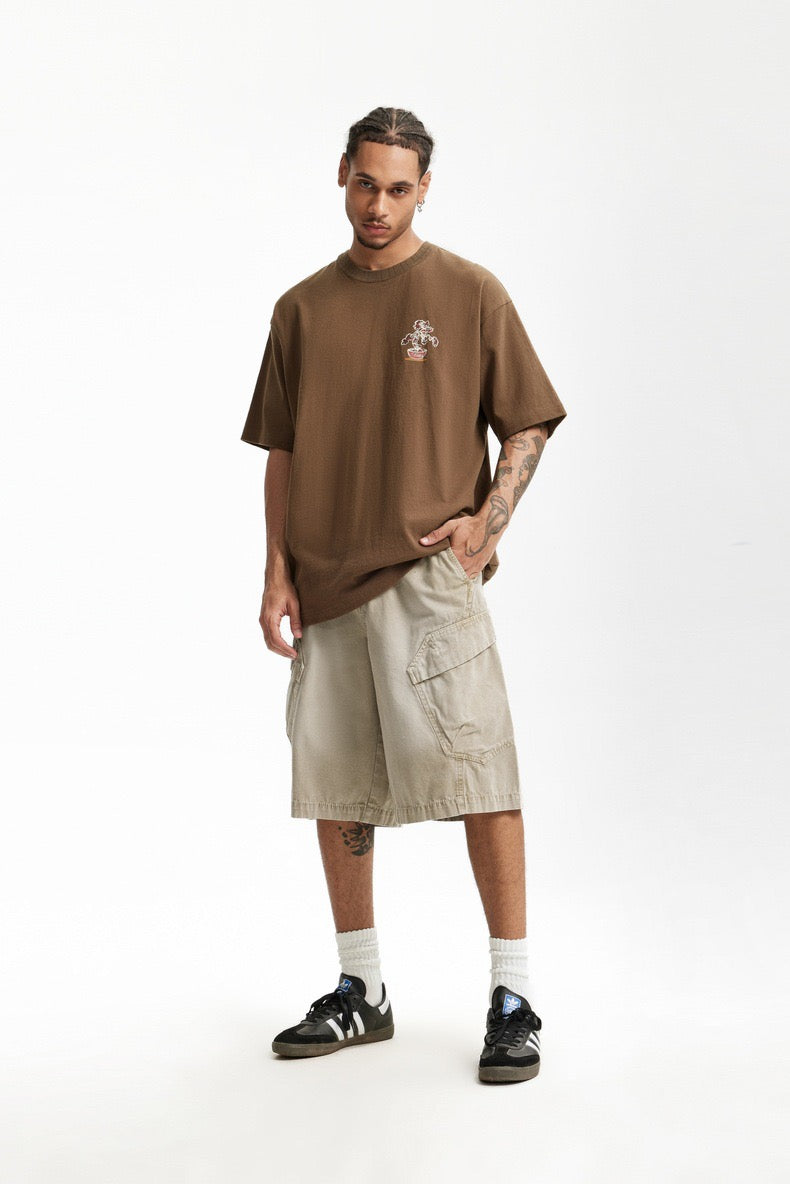 P0136 American style heavy washed overalls trendy multi-pocket loose casual shorts