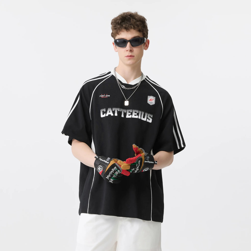 S0275 New American Retro Stripe Raglan Printed Short Sleeve T-shirt