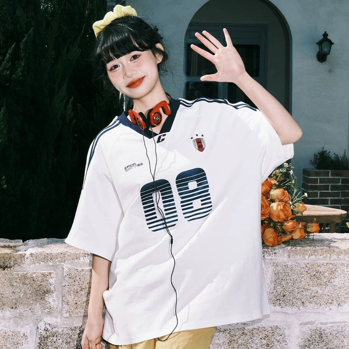 S0279 New American Retro Stripe Raglan Printed Short Sleeve T-shirt