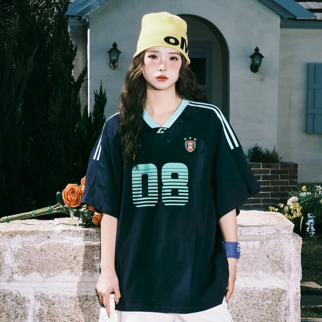 S0279 New American Retro Stripe Raglan Printed Short Sleeve T-shirt