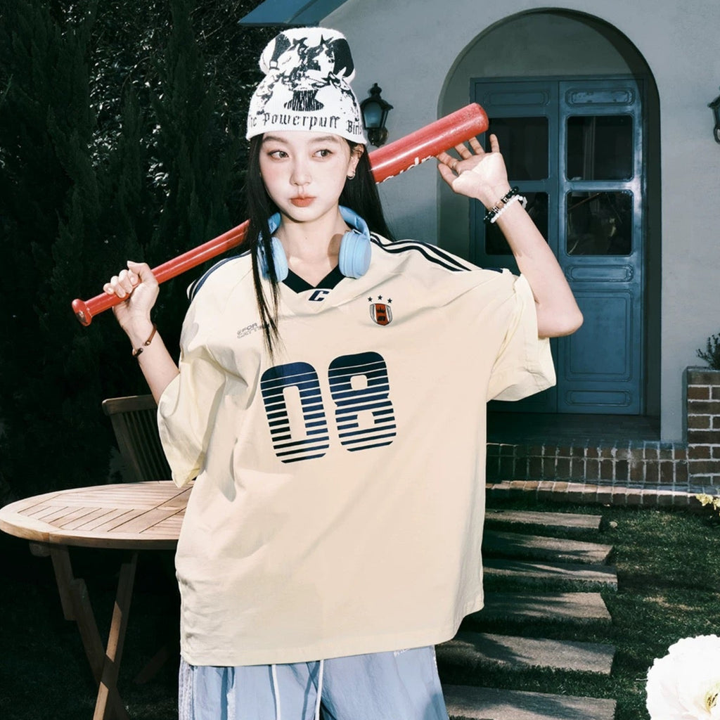 S0279 New American Retro Stripe Raglan Printed Short Sleeve T-shirt